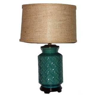 Crown Lighting 1-light Teal/ Dark Turquoise Distressed Crackle Embossed Geometric Design Ceramic Table Lamp