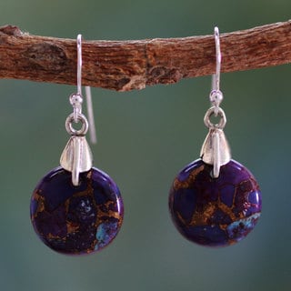 Moon Enigma Floating Discs of Golden Veined Purple Composite Turquoise set in 925 Sterling Silver Womens Dangle Earrings (India)