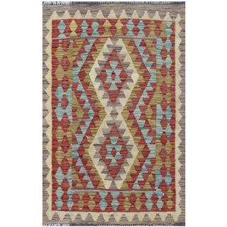 Herat Oriental Afghan Hand-woven Tribal Kilim Burgundy/ Brown Wool Rug (2'1 x 3'2)