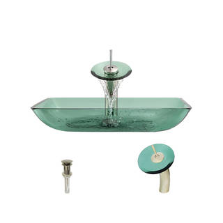 MR Direct 640 Emerald Colored Glass Vessel Bathroom Sink, with Brushed Nickel Vessel Faucet, and Vessel Pop-up Drain