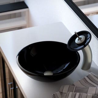 MR Direct 601 Black Dark Colored Glass Vessel Sink, with Brushed Nickel Vessel Faucet, Sink Ring, and Vessel Pop-up Drain