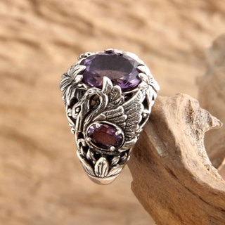 Dancing Swan Fancy 3.9 TCW of Faceted Amethysts Set in Unusual Design 925 Sterling Silver Womens Cocktail Ring (Indonesia)