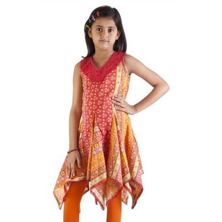 MB Girls Orange and Red Pleated Kurta Tunic (India)