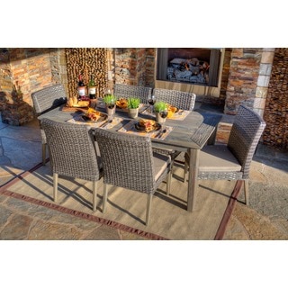 the-Hom Winchester 7-piece Antique Grey Hard Wood/ Grey All-weather Wicker Beige Cushions Patio Dining Set