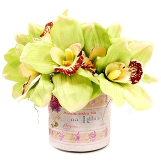 Cymbidium Orchid Silk Flowers in French Labelled Glass Container
