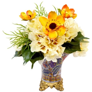 Yellow Poppy and Yellow Hydrangea Silk Flowers in Multi-colored Ceramic Footed Pot