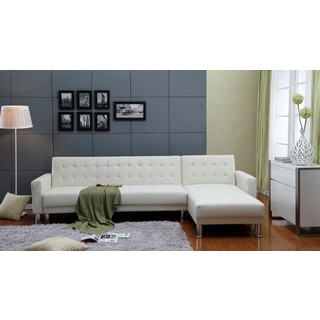 the-Hom Marsden 2-piece White Tufted Bi-cast Leather Sectional Sofa Bed