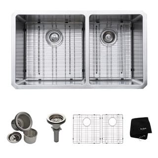 KRAUS 33 Inch Undermount 60/40 Double Bowl 16 Gauge Stainless Steel Kitchen Sink with NoiseDefend Soundproofing