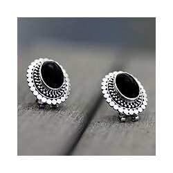 Sterling Silver 'Island Aura' Onyx Button Earrings(Indonesia)