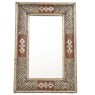 24-Inch Handcrafted Metalwork and Leather Moroccan Mirror (Morocco)