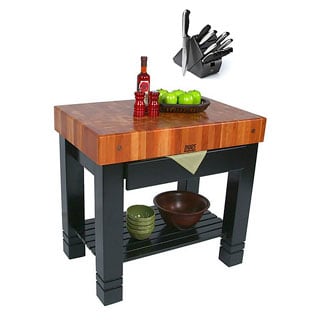John Boos RN-BF Cherry Bloc De Foyer 36x24x34 Table and Drawer with Henckels 13 Piece Knife Block Set