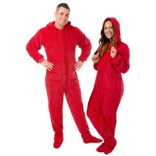 Red Plush Hoodie Footed One-piece Unisex Pajamas with Drop Seat by Big Feet Pajamas