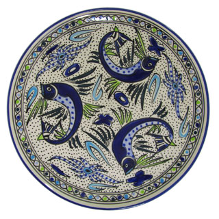 Handmade Le Souk Ceramique Aqua Fish Design Round Stoneware Platter (Tunisia)