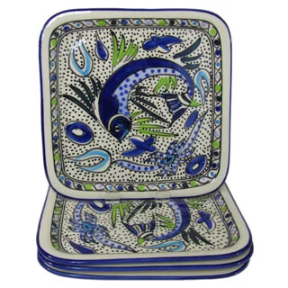 Handmade Set of 4 Le Souk Ceramique Aqua Fish Design Square Stoneware Plates (Tunisia)