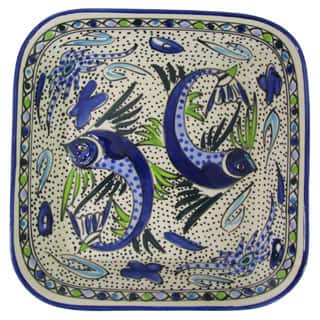 Handmade Le Souk Ceramique Aqua Fish Design Square Stoneware Serving Bowl (Tunisia)
