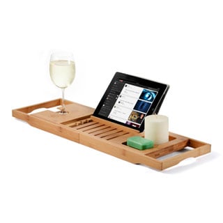 Bambusi Bathtub Caddy Tray w Extending Sides, Reading Rack, and More
