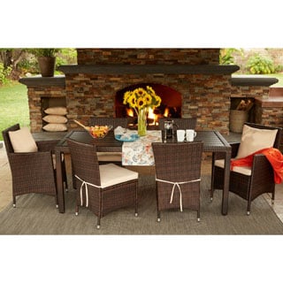 Handy Living Aldrich Brown Indoor/Outdoor 7 Piece Rectangle Dining Set with Beige Cushions