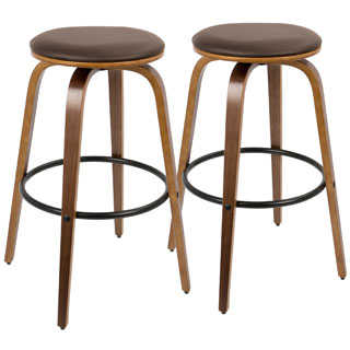 Porto Mid-Century Modern Wood and Faux Leather Swivel 30-inch Barstools (Set of 2)