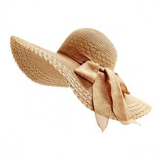 Women's Packable Large Wide Brim Straw Floppy Beach SPF50 Hat With Ribbon
