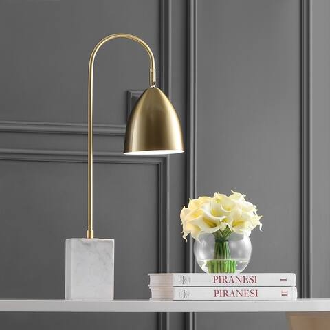 Vaughn 26" Gold Arched Metal with Marble Base LED Table Lamp, Brass Gold/White by JONATHAN Y