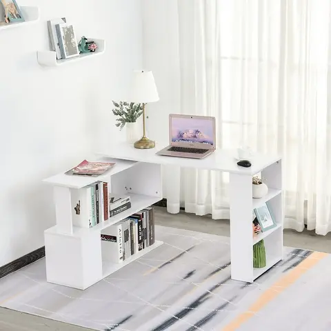 HomCom Modern L Shaped Rotating Computer Desk with Bookshelves
