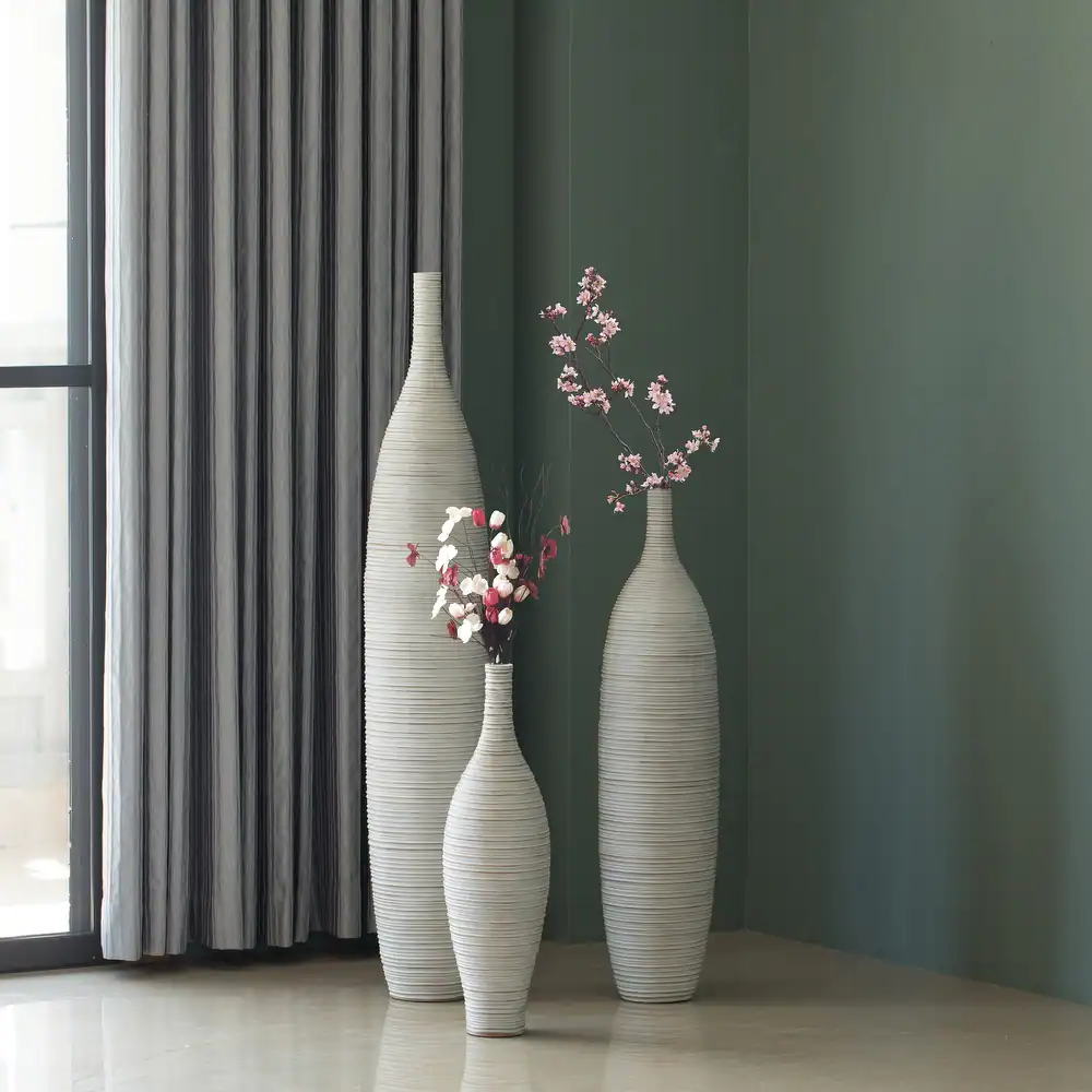 Modern Decorative Bottle Shape White Floor Vase Ribbed Design