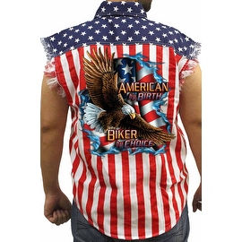 Men's Biker USA Flag Sleeveless Denim Shirt American BY Birth Stars & Stripes