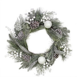 24" Frosted Artificial Mixed Pine and Pine Cone Wreath with White Berries and Balls - Unlit