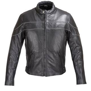 Reflective Stripe Leather Motorcycle Jacket Black FJ4