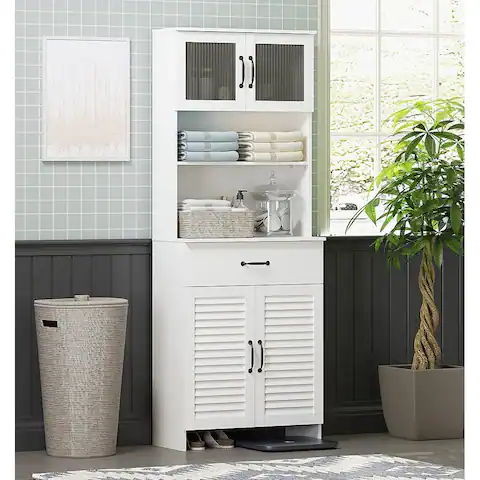 Spirich Freestanding Cabinet with Top Bottom Enclosed Cabinet Space Tall Cabinet with Doors and Drawer Whtie
