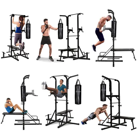Soozier 86" Full Body Power Tower Home Gym Fitness Station with Punching Bag Adjustable Sit Up Bench