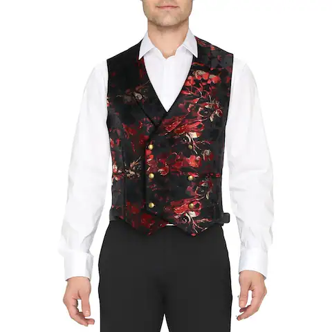 Tallia Mens Votrin Suit Vest Metallic Floral - Red/Black