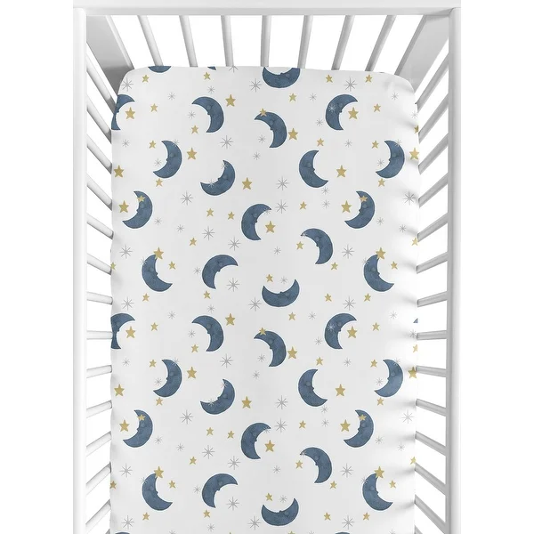 Moon and Star Collection Boy or Girl Fitted Crib Sheet - Navy Blue and Gold Watercolor Celestial Sky