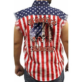Men's Biker USA Flag Sleeveless Denim Shirt American Liberty Native Skull Warrior