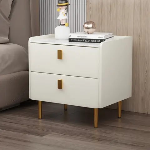 Modern Upholstered Gold-plated Metal Nightstand with Stone Tabletop