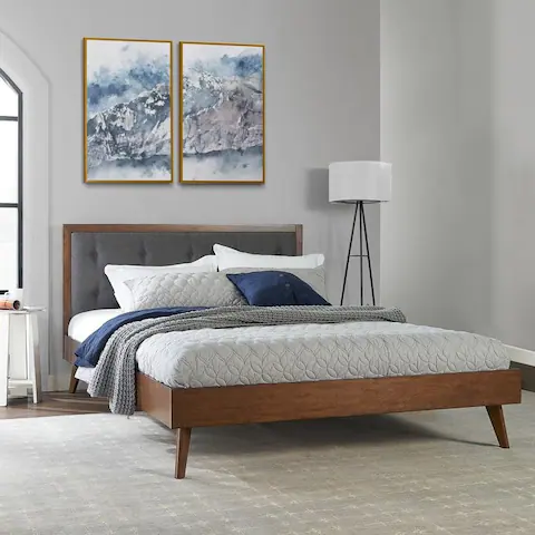Upholstered Mid-century Modern Platform Bed with Upholstered Headboard