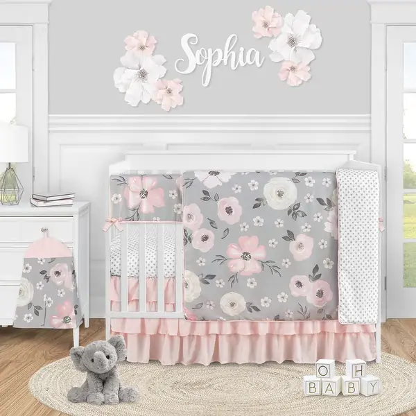Grey Watercolor Floral Girl 5pc Nursery Crib Bedding Set - Blush Pink Gray White Shabby Chic Rose Flower Polka Dot Farmhouse