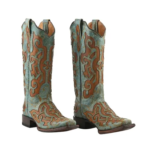 TANNER MARK Western Toe Boot Glitter Lace Turquoise Cognac-Size 10.5 - 10