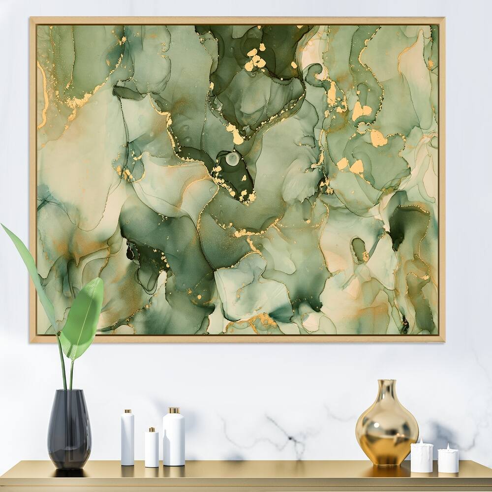 Designart 'Green Luxury Abstract Fluid Art I' Modern Framed Canvas Wall Art Print