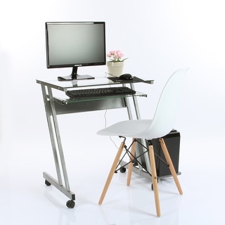 VECELO Glass Computer Workstation Desk with Keyboard Tray