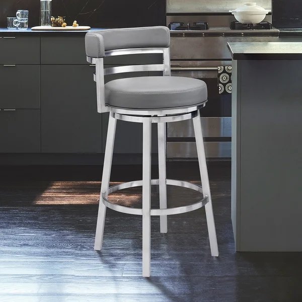 Madrid Bar or Counter-height Swivel Stool in Faux Leather and Brushed Stainless Steel