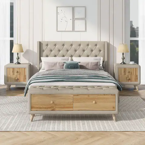 4pcs Bedroom Sets, Full Size Platform Bed, Nightstand, Bench
