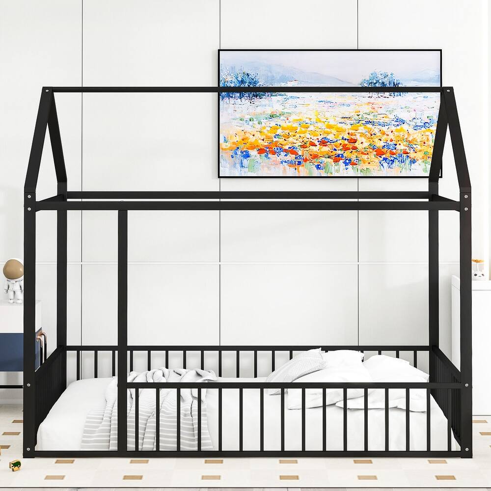 Full Size Metal Bed House Bed Frame with Fence, for Kids, Teens, Girls, Boys, Black