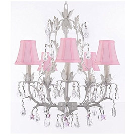 White Wrought Iron Floral Chandelier Lighting with Pink Stars and Shades!