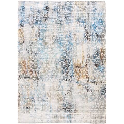 Distressed Geometric Floral Ivory/Blue Transitional Rug