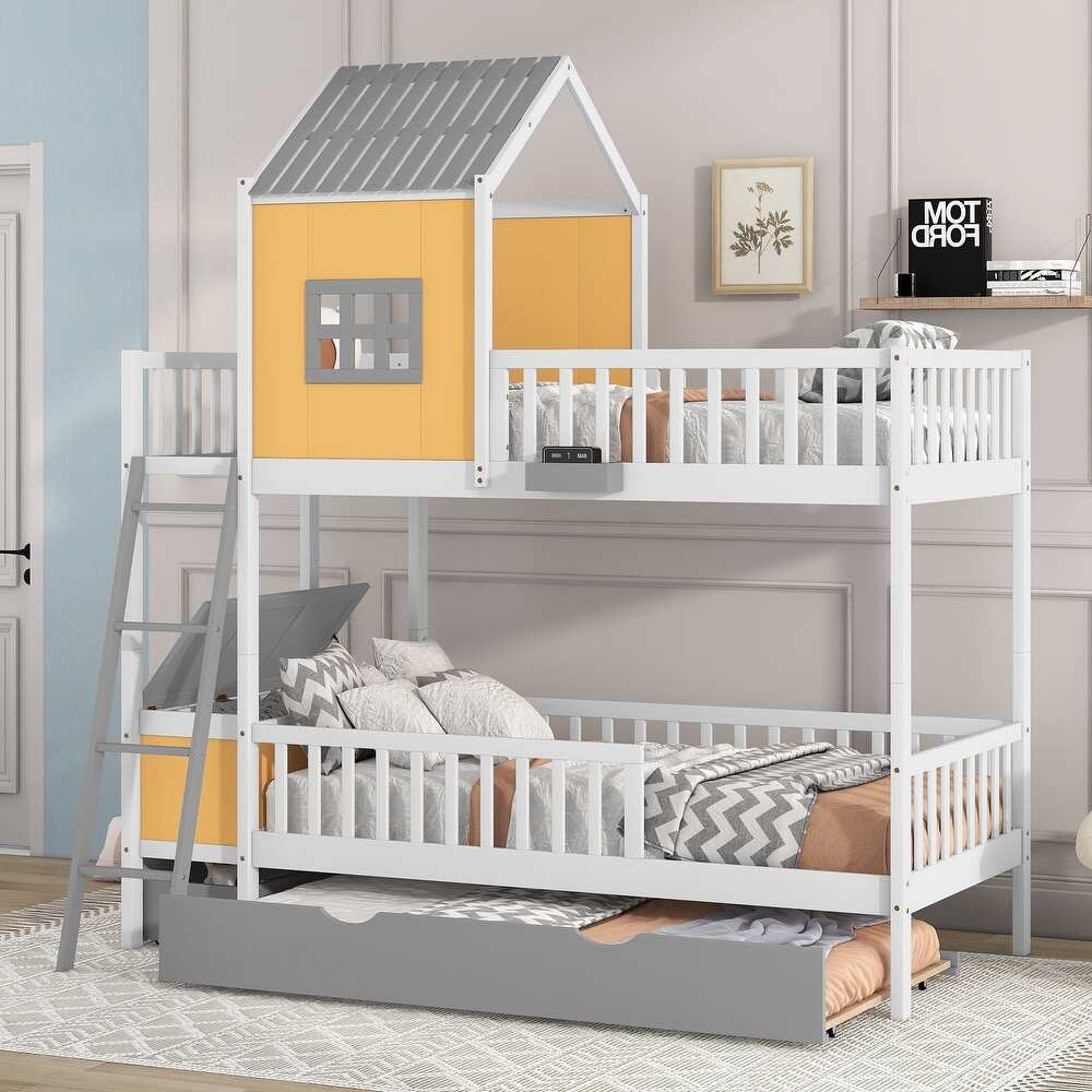 Twin over Twin Bunk Bed with Twin Size Trundle,Farmhouse Bed with Drawer and Storage Box,Housebed