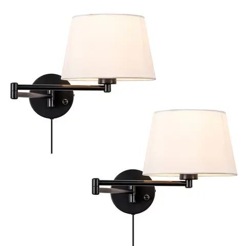 2-Pack Black Swing Arm Wall Light Plug-In with Linen Shade
