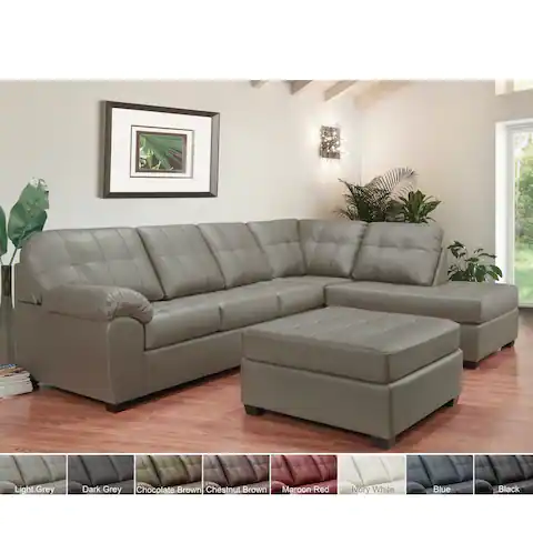 Emerson Top Grain Leather Tufted Sectional Sofa and Ottoman.