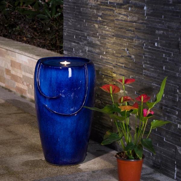 Demta Cobalt Blue Ceramic Fountain with LED Light by Havenside Home