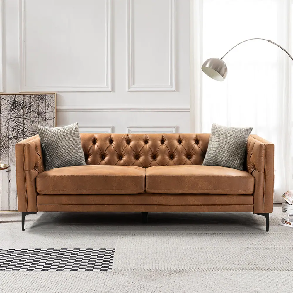 Geltrude 84" Mid-century Modern Leather Sofa with Button-Tufted Back by HULALA HOME